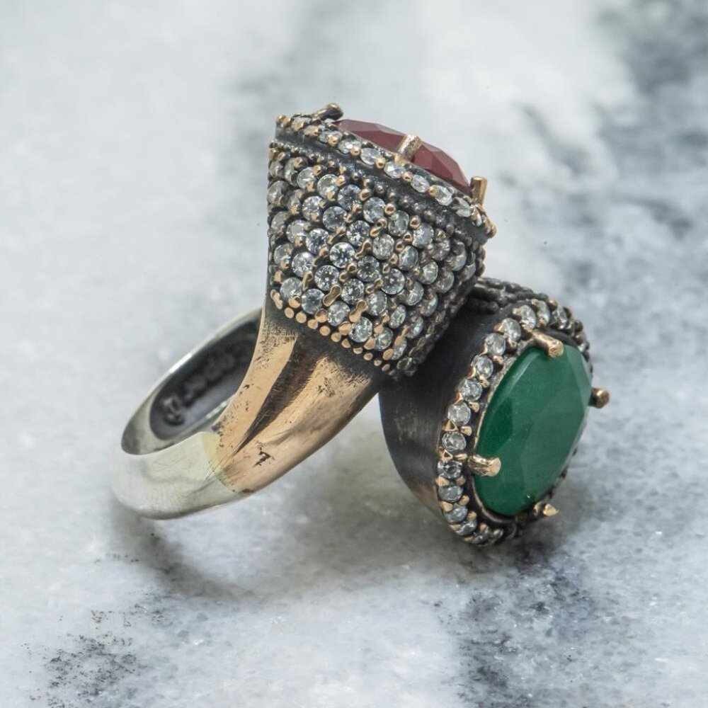 Vintage Ruby Emerald & Ruby Statement Ring Size 7 - image 4